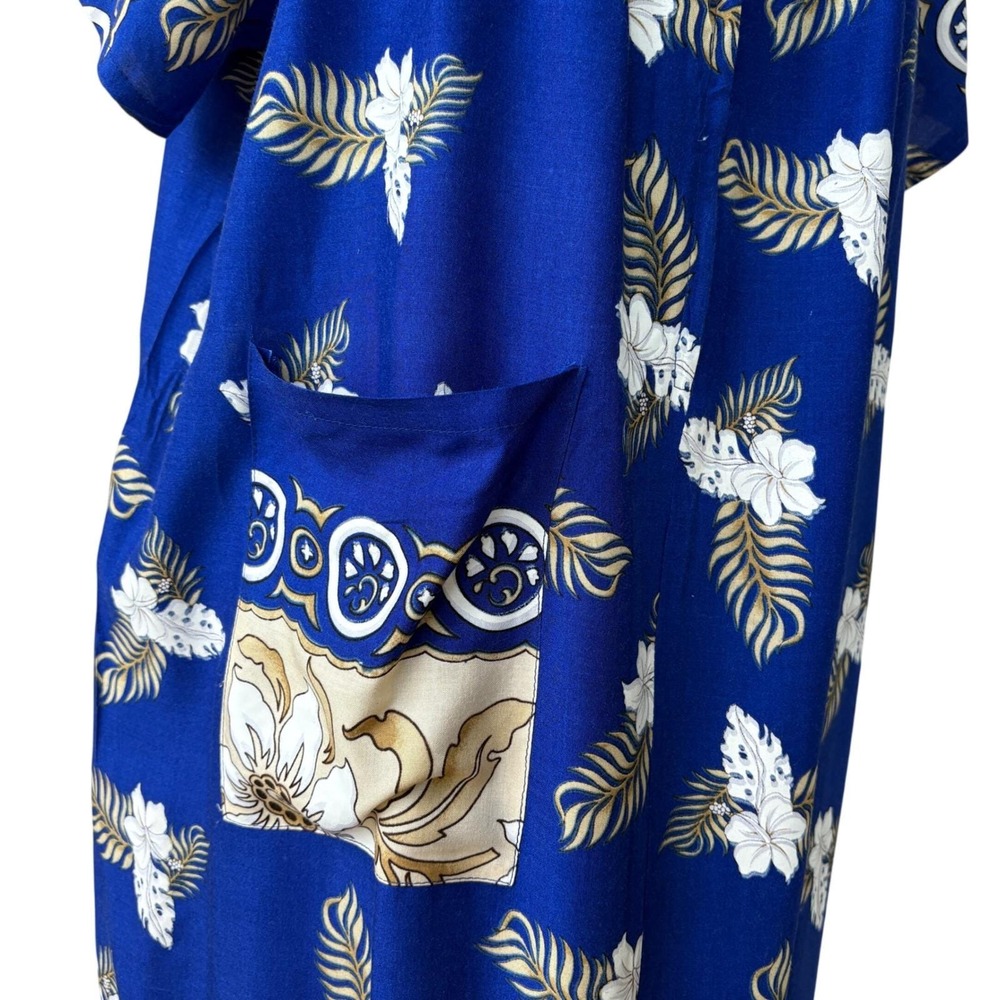 Vintage Hawaiian Victor Sports Blue Floral Midi Dress Retro Resort M/L - Picture 10 of 10